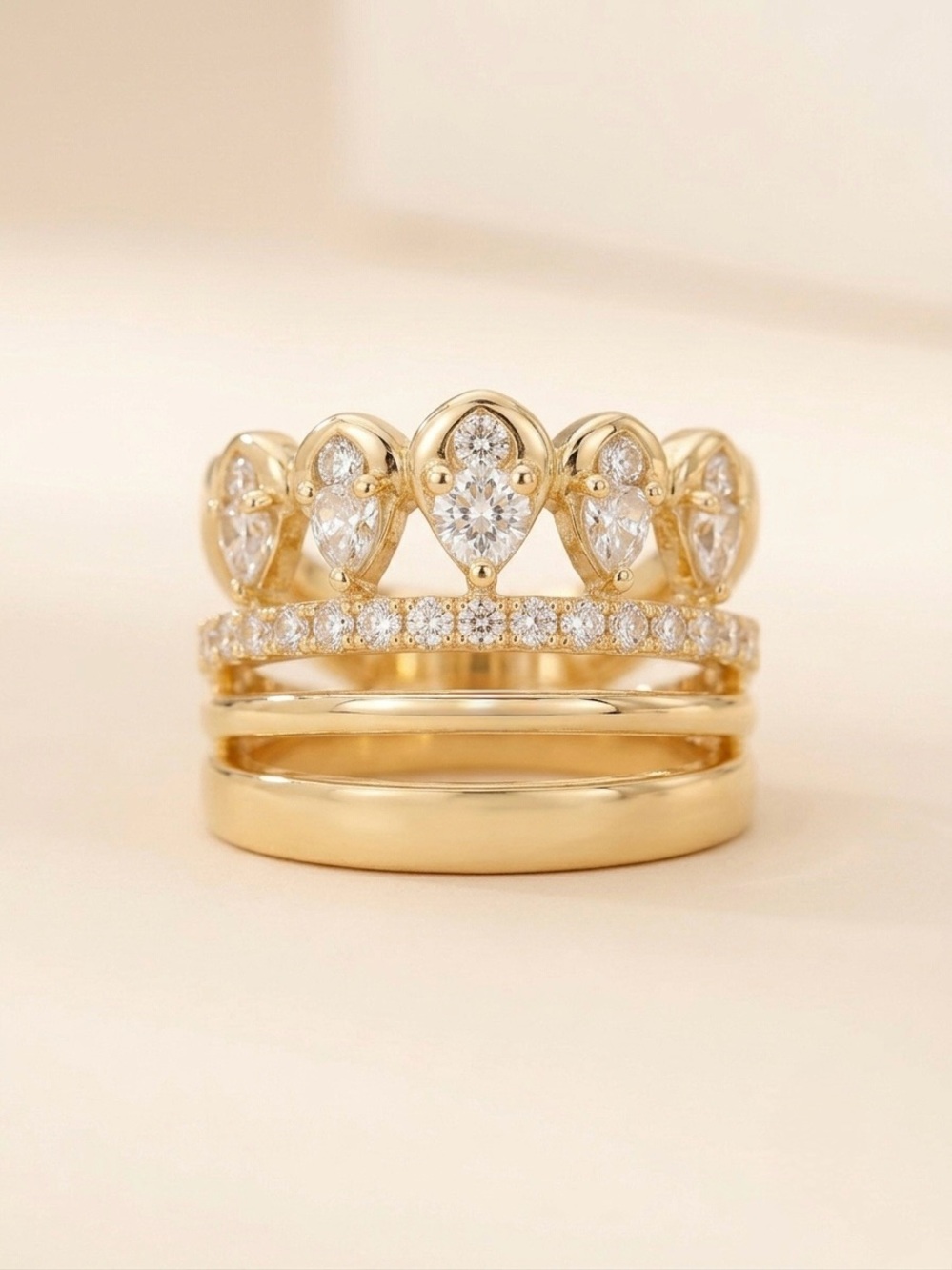 14K Gold Plated Crown Stackable Ring Dainty Teardrop Crystal Layered Statement
